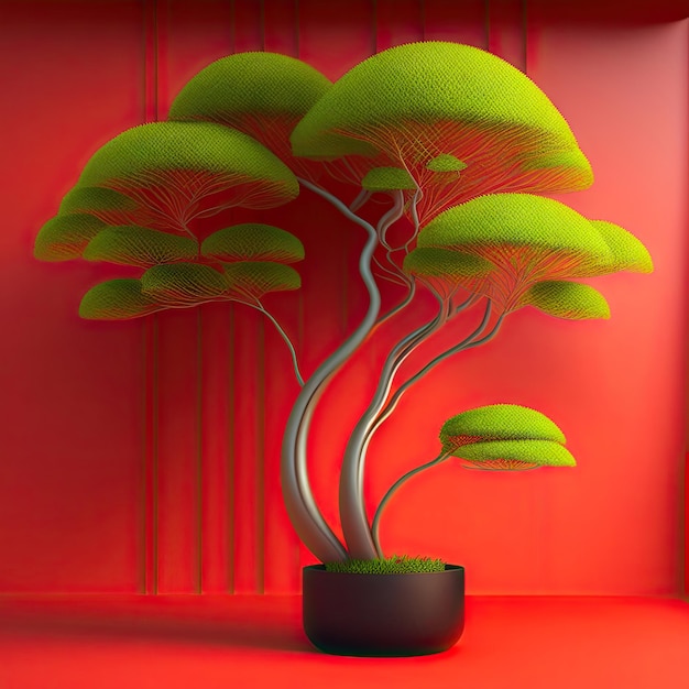 Beau feuillage 3D d'un bambou chinois tropical avec l'ombre de feuilles de lumière du soleil sur le mur rouge