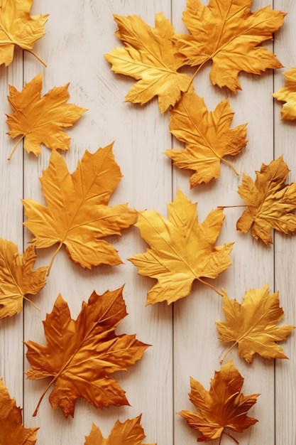 Beau feuillage ambiance d'automne le feuillage se trouve sur une table en bois blanche générative AI