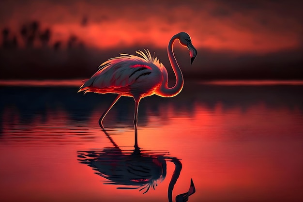 Beau flamant rose dans l'eau au coucher du soleil