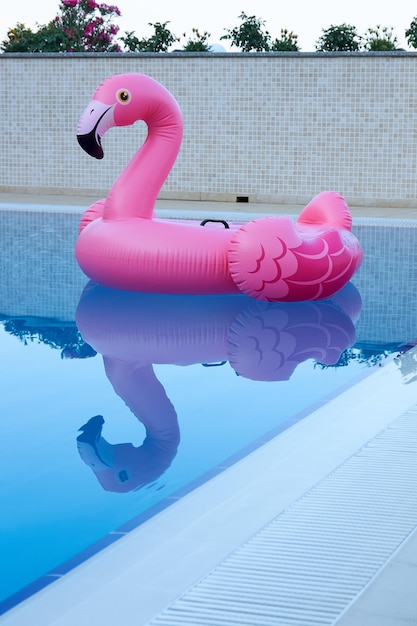 Beau flamant rose gonflable nage dans la piscine de l'hôtel
