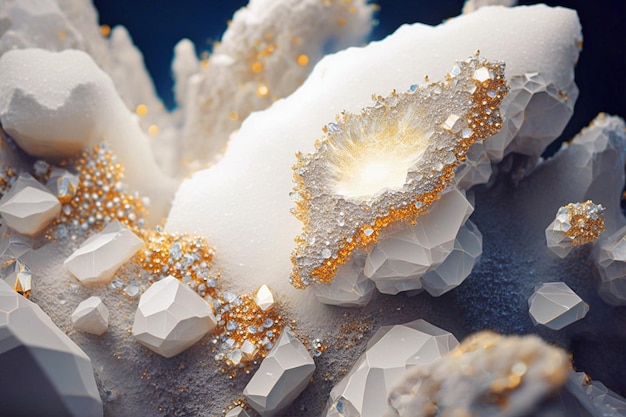 Beau fond abstrait avec des cristaux blancs et des particules dorées Minéraux de pierres précieuses mystérieuses Grappe de cristaux magiques Vue rapprochée AI générative
