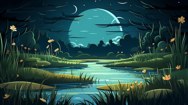 beau fond de dessin animé avec un marais au clair de lune avec des lucioles amicales