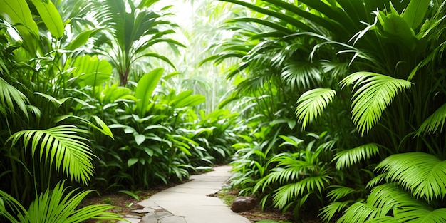 Beau fond d'écran avec un paysage tropical Jungle avec des palmiers de sentier et d'autres plantes sauvages à feuilles persistantes Illustration de la forêt tropicale Arrière-plan avec une nature vierge