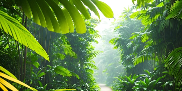 Beau fond d'écran avec un paysage tropical Jungle avec des palmiers de sentier et d'autres plantes sauvages à feuilles persistantes Illustration de la forêt tropicale Arrière-plan avec une nature vierge