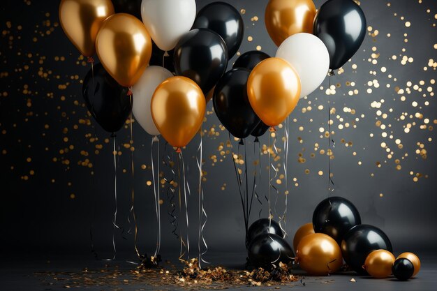 Photo beau fond festif avec des ballons noirs et dorés et des étincelles