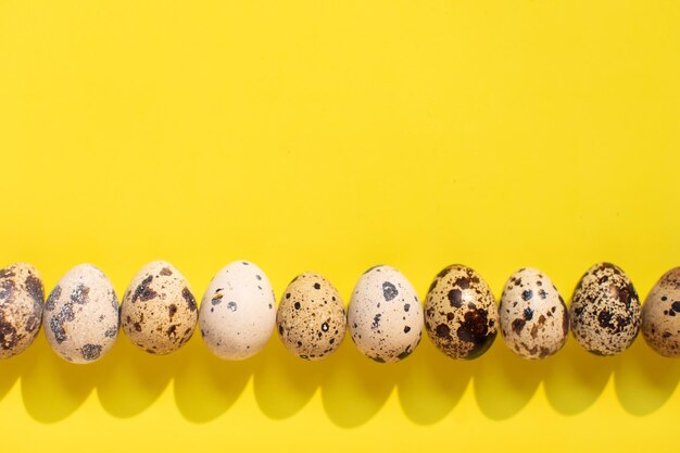 Beau fond jaune festif de Pâques avec des oeufs de caille