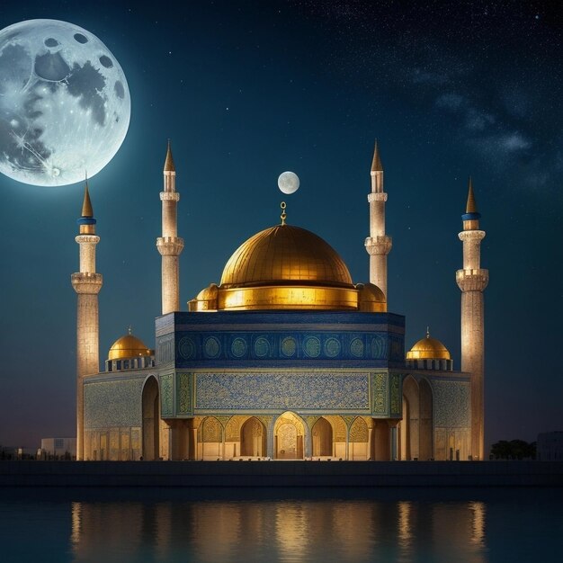 Photo beau fond de mosquée avec étang et fond de galaxie