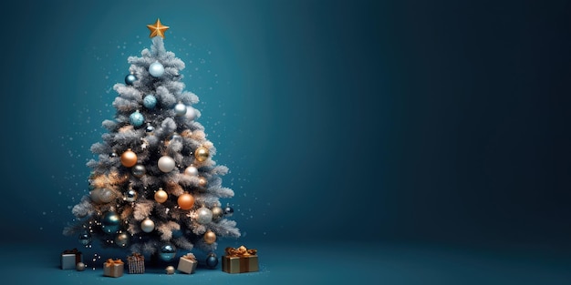 Beau fond de Noël festif Sapin de Noël décoré de boules sur fond bleu espace de copie au format bannière généré par l'IA