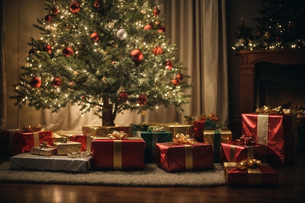 Beau fond de nouvel an avec un arbre de Noël et un tas de cadeaux en dessous