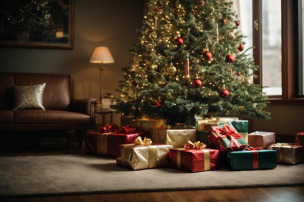 Beau fond de nouvel an avec un arbre de Noël et un tas de cadeaux en dessous