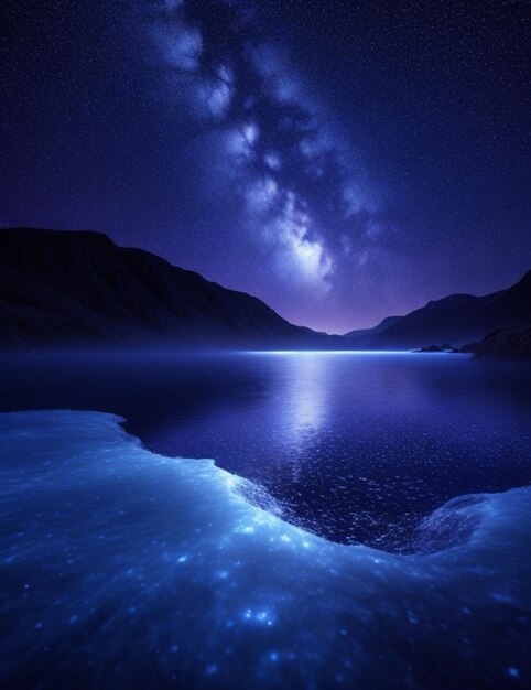 Beau fond la nuit sur un lac avec un ciel cosmique