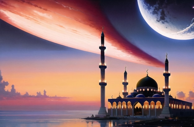 Beau fond de nuit de mosquée pour le Ramadan Kareem Eid Mubarak Festival musulman de Ramzan Concept islamique Bannière de Masjid Architecture islamique Generative AI