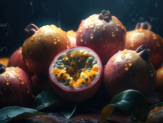 Beau fond organique de fruits de la passion fraîchement cueillis créés avec la technologie Generative AI