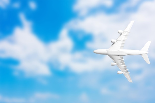 Beau fond panoramique avec avion volant dans le ciel bleu L'avion de passagers lancé décolle dans le ciel Concept de voyage Fond d'écran grand angle ou bannière web avec espace de copie