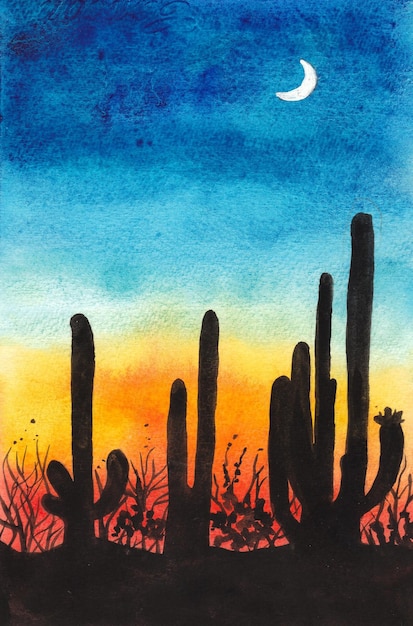 un beau fond de peinture à l'aquarelle de paysage de coucher de soleil avec la silhouette de cactus