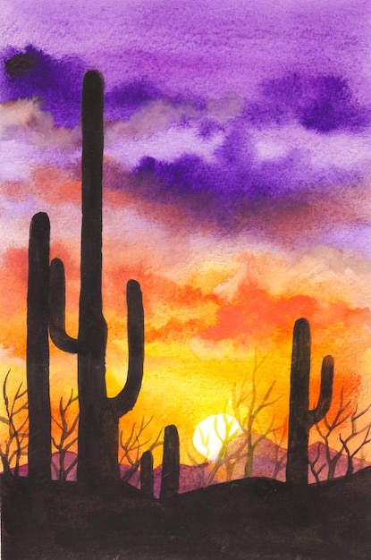 un beau fond de peinture à l'aquarelle de paysage de coucher de soleil avec la silhouette de cactus