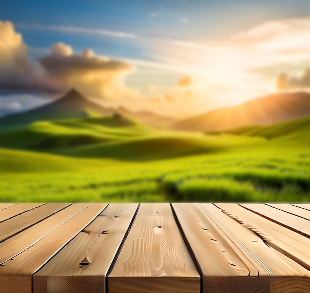 beau fond de prairie verte de printemps avec table en bois vide pour l'affichage du produit nature floue