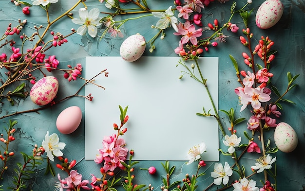 Beau fond de printemps de Pâques avec des œufs et des branches de fleurs 02