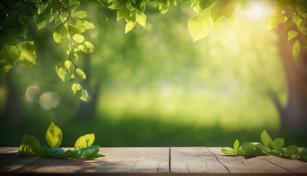 Beau fond de printemps avec table en bois verte et vide Espace de modèle naturel pour le texte