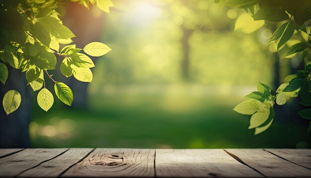 Beau fond de printemps avec table en bois verte et vide Espace de modèle naturel pour le texte