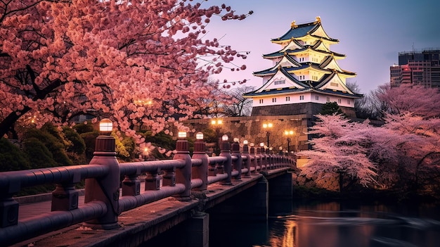 beau fond de repère du Japon avec le château d'Osaka au coucher du soleil