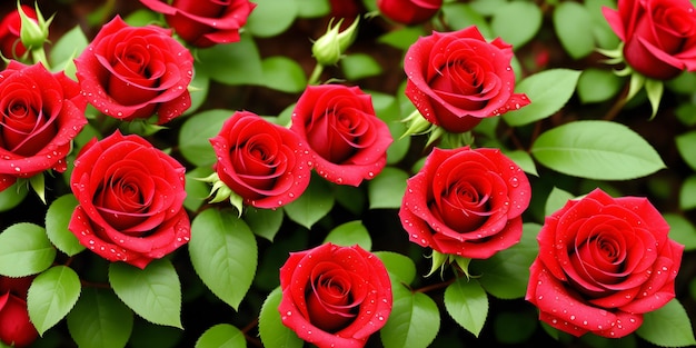 Beau fond de roses rouges avec des feuilles vertes avec des gouttes de rosée Generative AI