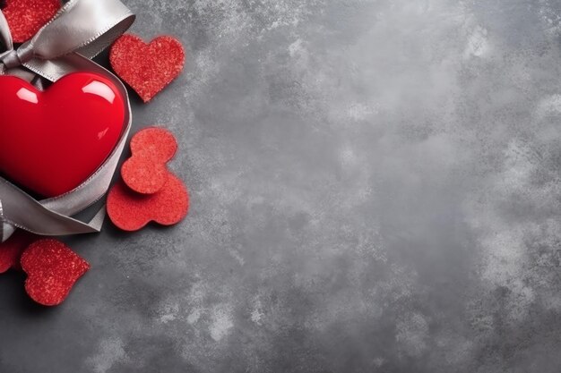 Beau fond de Saint Valentin avec boîte cadeau ruban coeurs rouges présente des roses et espace de copie