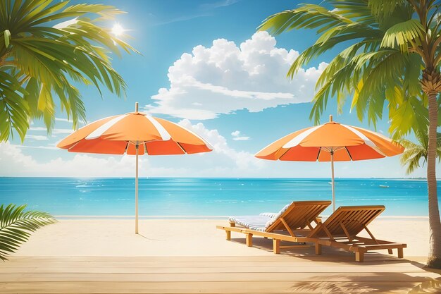 Beau fond de voyage d'été scène de plage tropicale d'été parasol et palmiers