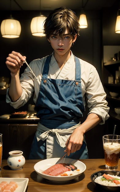 Beau garçon asiatique en tablier faisant des sushis et des sashimis au restaurant de sushis