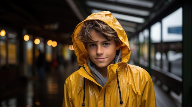 Un beau garçon dans un imperméable jaune