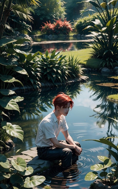 Beau garçon est assis dans la rivière trempé dans ses vêtements beau garçon asiatique