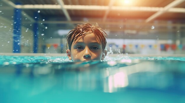 Photo beau garçon heureux nage dans la piscine avec un cercle de sports nautiques