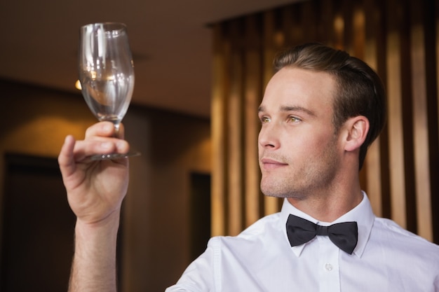 Beau garçon inspectant un verre de vin