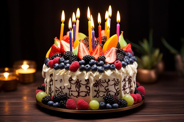 Photo d'un beau gâteau d'anniversaire au chocolat et à la crème décoré de bougies allumées