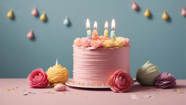 beau gâteau d'anniversaire rose avec quatre bougies