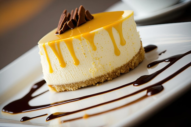 Un beau gâteau au fromage fait maison en gros plan sur un plateau blanc