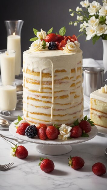 Beau gâteau à la crème à la vanille fabriqué dans le style de la cuisine moléculaire