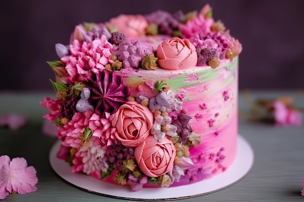 Beau gâteau décoré de nombreuses fleurs Tarte de mariage Generative AI