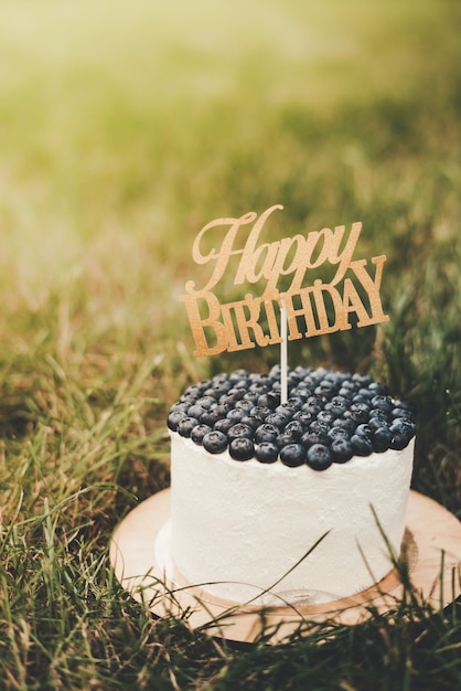 Photo beau gâteau festif pour enfants aux bleuets avec l'inscription joyeux anniversaire. verticale. en arrière-plan rayon de soleil et herbe verte. place pour le texte. fond de voeux d'anniversaire