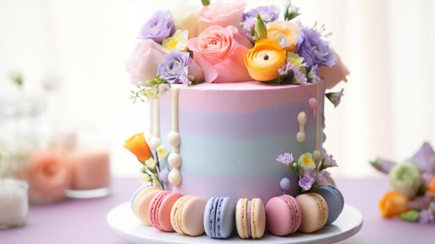 Beau gâteau avec des fleurs et des macarons sur la table en gros plan