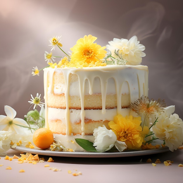 beau gâteau de mariage dans les tons jaunes avec des fleurs