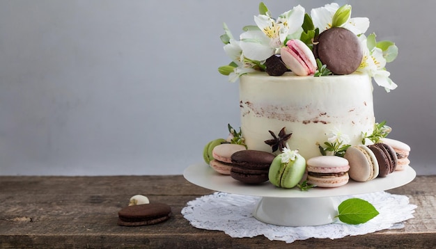 Beau gâteau de mariage avec des fleurs fraîches et des macarons de pâtisserie douce