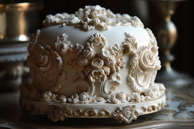 Beau gâteau de mariage avec ornement floral sur la table dans un style vintage
