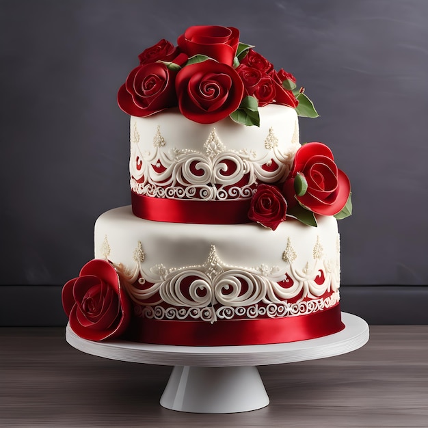 beau gâteau de mariage avec des roses rouges sur fond noir.