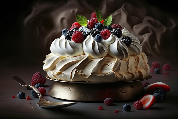 Beau gâteau de meringue en section avec des baies fraîches et de la crème