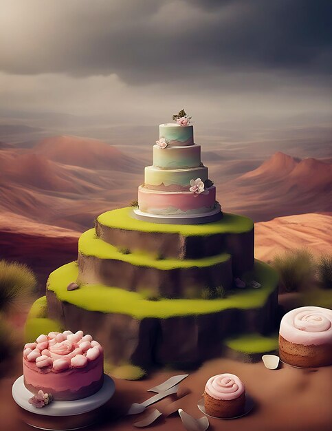 Beau gâteau situé dans un paysage naturel et des montagnes qui ressemblent à de beaux gâteaux