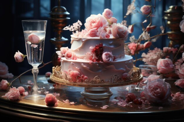 Un beau gâteau à trois couches avec des ornements de roses et des bols de champagne sur la table générative IA