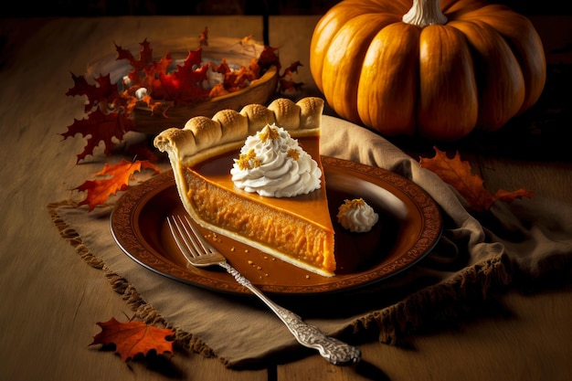 Beau gâteau de vacances à la tarte à la citrouille sucrée sur une table en bois