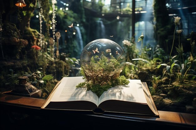 Beau globe de verre avec des plantes à l'intérieur et un livre ouvert sur la table