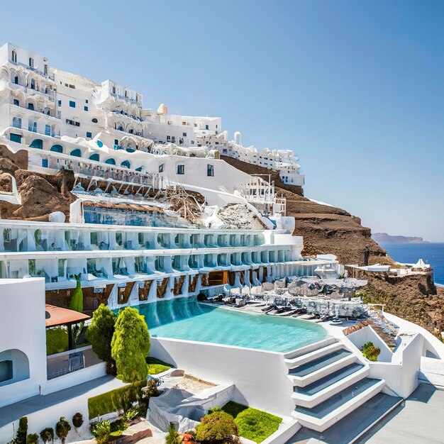 Beau grand hôtel blanc avec beaucoup de piscines à Santorin